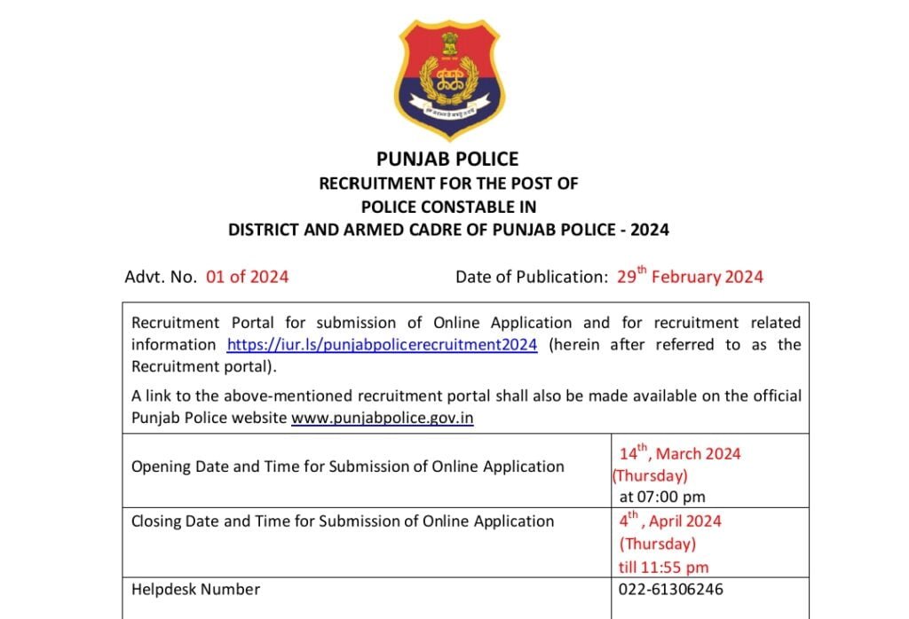 Punjab Police Constable Recruitment 2024 : Apply Online